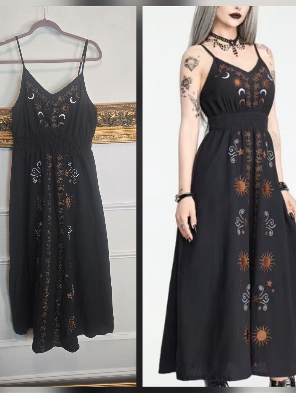 Romwe Black Dress Moon Goddess Witch Celestial Embroidery Size Med Lg Maxi Midi